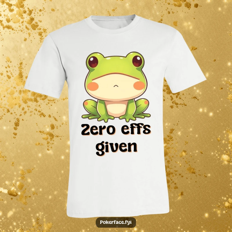 Funny Frog T-Shirt featuring an impassive frog with a blank stare, conveying hilarious deadpan humor and a stoic vibe, perfect as a gift.