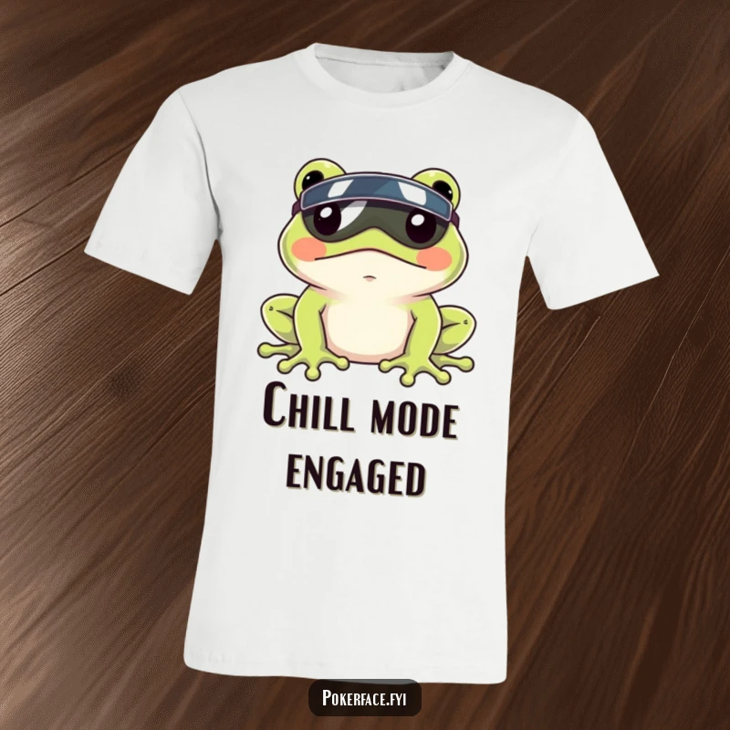 Funny Frog Visor T-Shirt with a frog wearing a tiny visor and a perfectly still face, a humorous symbol of calm.