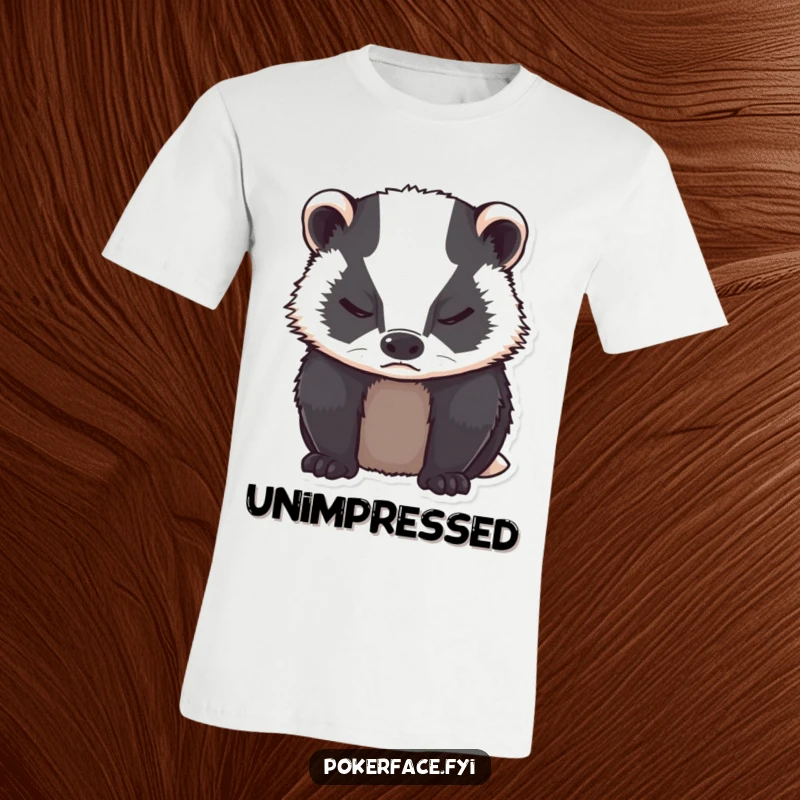 Funny grumpy badger with neutral expression, closed eyes on a t-shirt.