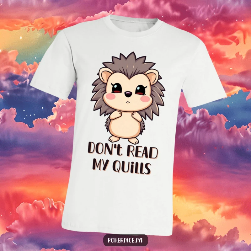Funny hedgehog on a t-shirt, holding a straight flush with absolutely no emotion, a true poker legend.