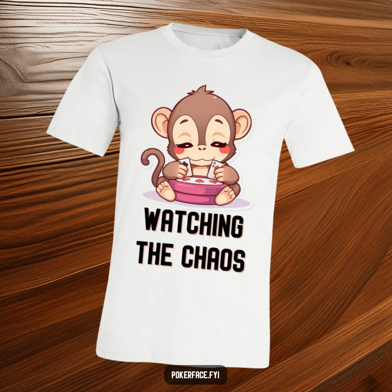 Funny Kawaii Monkey T-Shirt: A kawaii monkey with serene eyes watching a card game, ideal for fans of strategy and subtle humor.