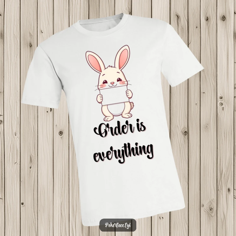 Funny T-Shirt: A serene rabbit presents a card with flawless symmetry, a funny gift for neat enthusiasts.