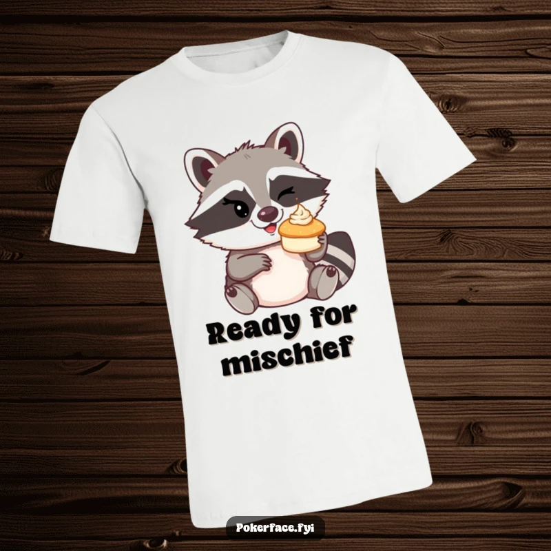 Funny mischievous raccoon winking, about to toss a tiny cream pie on a t-shirt.