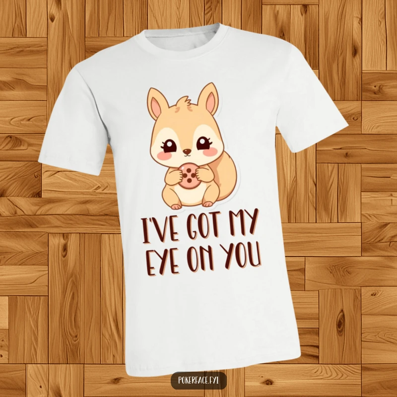 Funny t-shirt with a humorous illustration of a squirrel staring blankly while holding one button. Great for meme lovers.