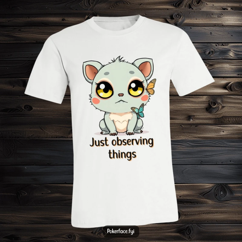 Funny Staring Creature T-Shirt: Large-eyed creature watches a butterfly without reaction, a funny depiction of passive observation.