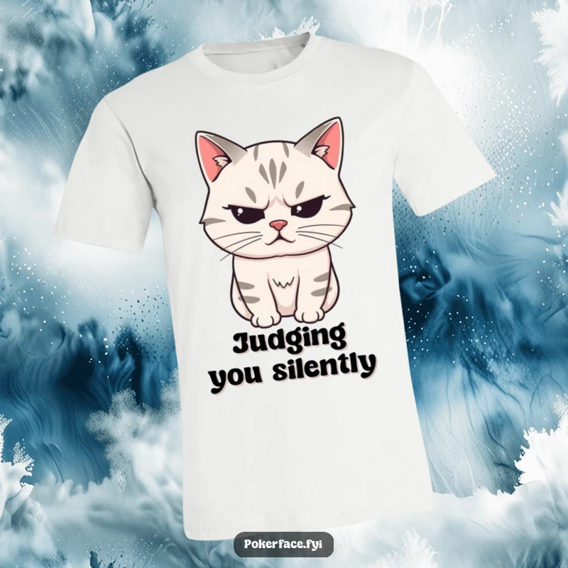 Funny T-Shirt of a stoic cat character with a perfectly unreadable expression, showcasing cool and humorous mystery.