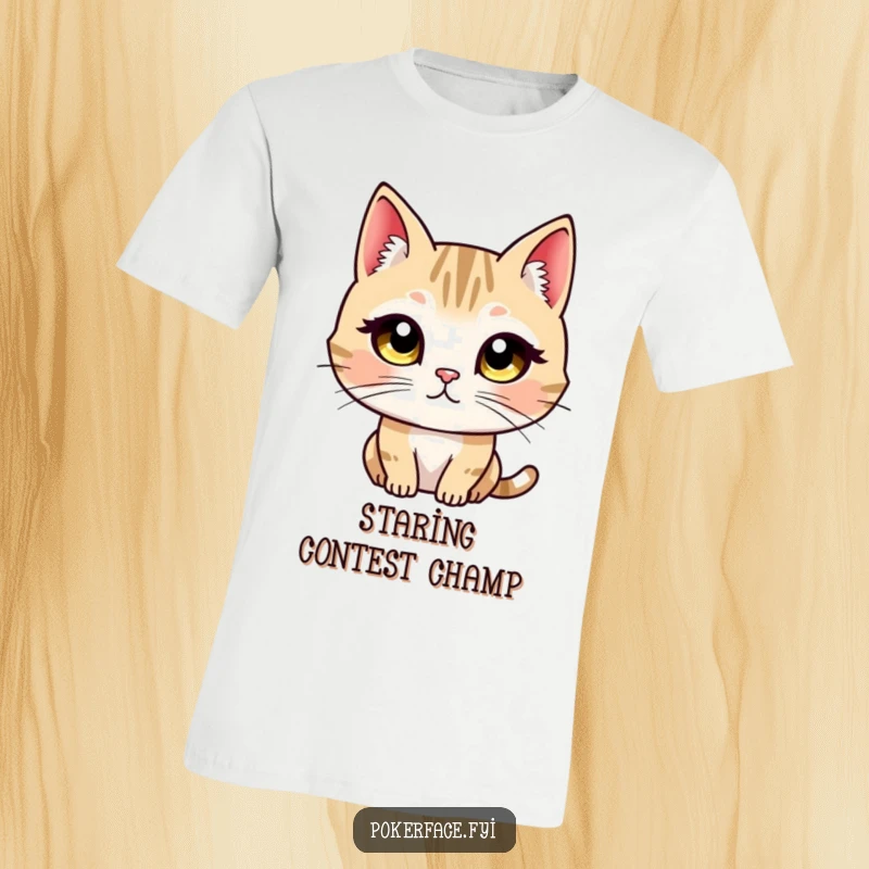 Funny t-shirt shows a cat character with wide, unblinking eyes fixed in a direct, unwavering, intense stare.