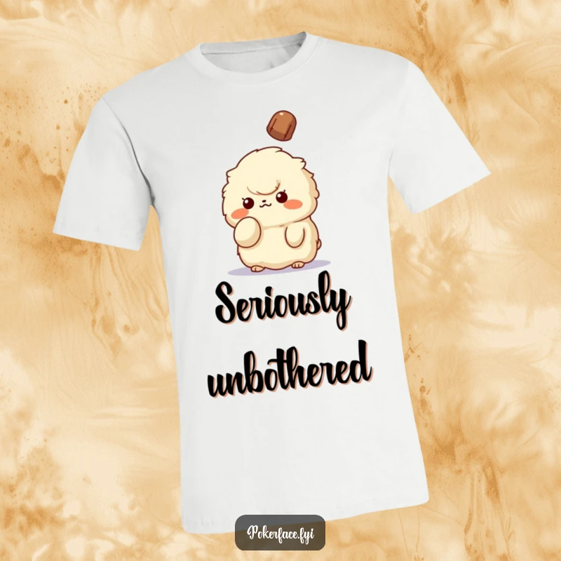 Funny Unbothered Creature T-Shirt: Fluffy character with raised finger, serenely unbothered by falling object, depicting funny detachment.