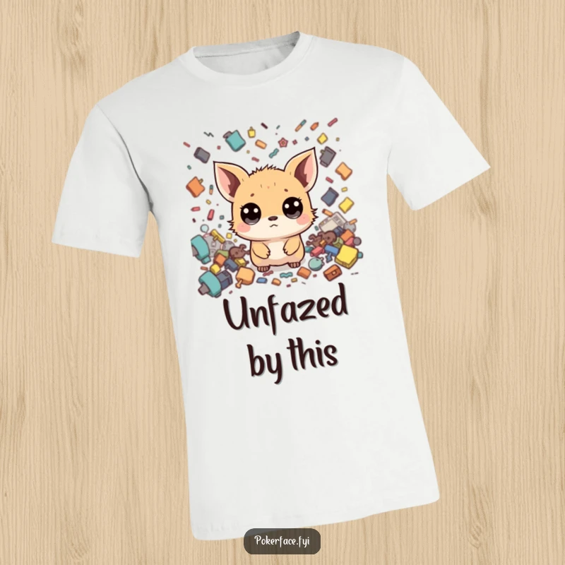 Funny Zen Creature T-Shirt: Tiny creature with wide eyes, calm face amidst chaos, depicting serene and funny resilience.