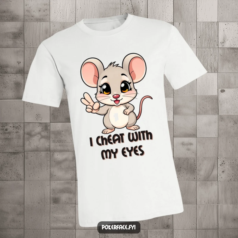 Funny mouse on a t-shirt, holding a straight flush and staring intensely, embodying the pure luck and skill of a poker champion.