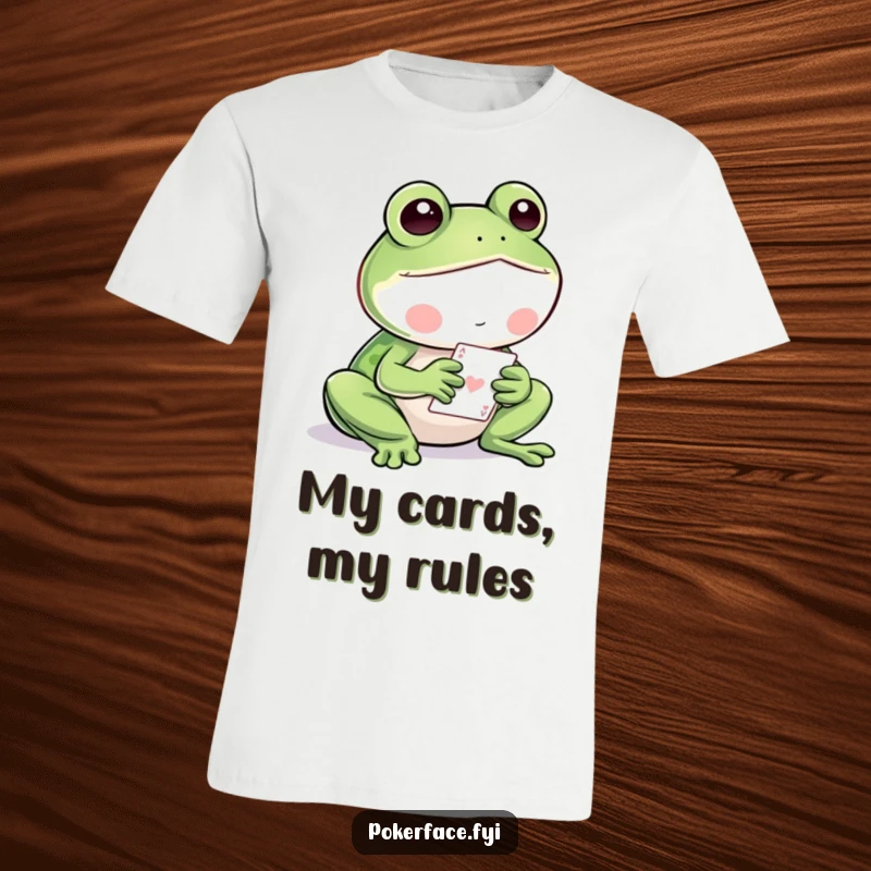 Funny Frog T-Shirt: A still frog with a calm face intensely focused on playing a card game.