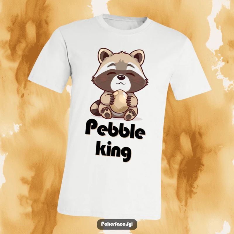 Funny T-Shirt featuring a content raccoon with unmoving whiskers admiring a shiny pebble, celebrating quirky collections.