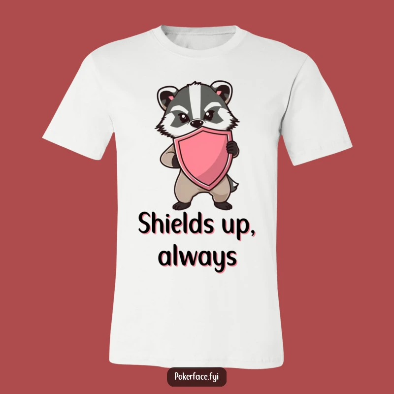 Funny Badger Shield T-Shirt: Determined Defense, Hilarious Poker Face