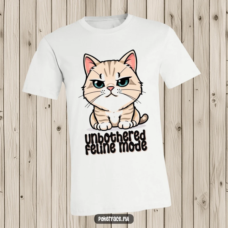 Funny T-Shirt: Stoic cat character with perfectly still whiskers, showcasing an aura of calm, dignified, and humorous feline stillness.