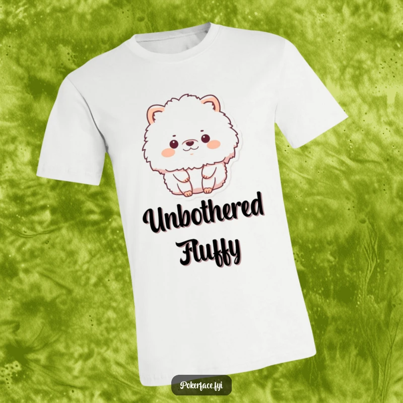 Funny t-shirt featuring a fluffy animal character in a state of complete stillness with no emotion, embodying humorous tranquility.