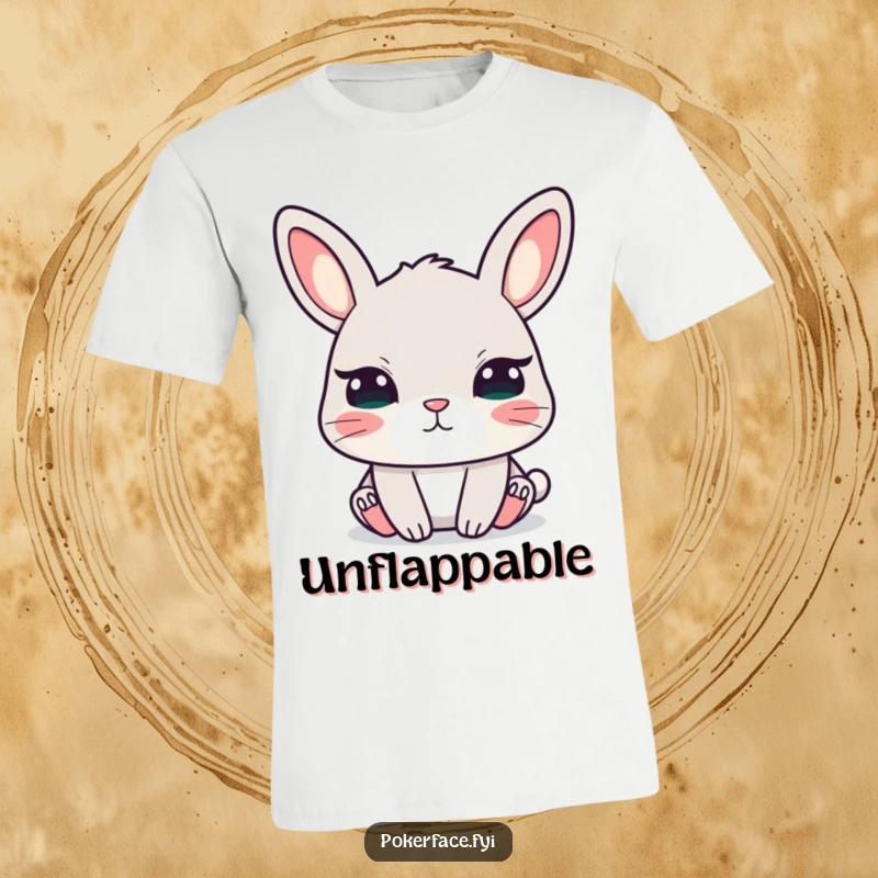 Funny T-shirt featuring a calm rabbit with unblinking eyes, designed for those who find humor in stillness and quiet observation.