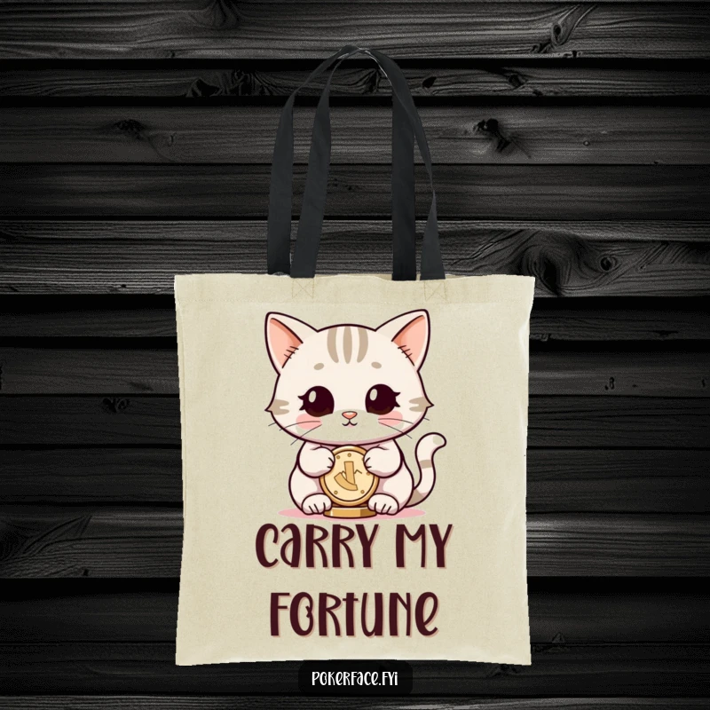 Funny tote bag featuring a cat with neutral eyes, smiling and balancing a coin, perfect for carrying items with chic humor.