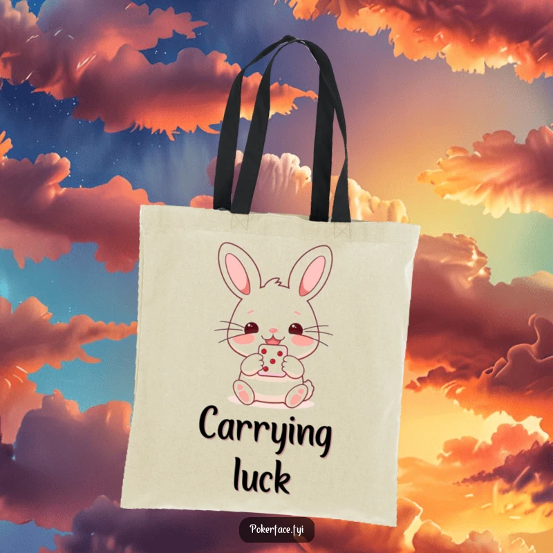 Funny tote bag showcasing a happy rabbit with straight whiskers, holding a single die, perfect for carrying essentials with luck.