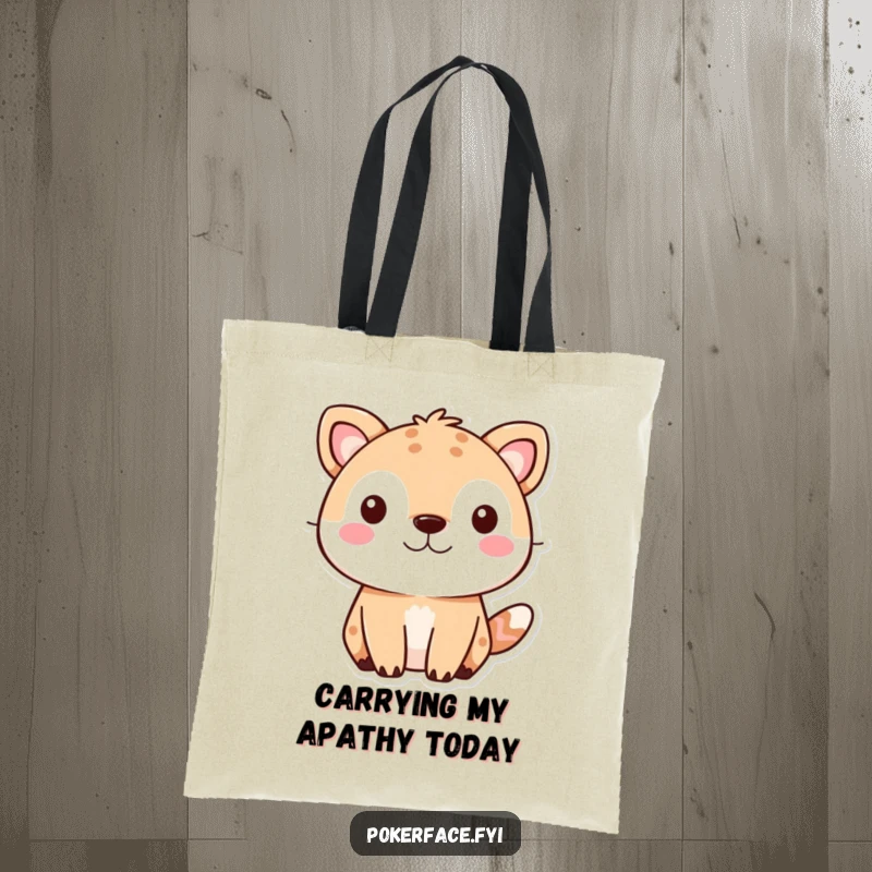 Funny cute animal tote bag designed with a pet's completely neutral face, implying a world of unspoken thoughts.