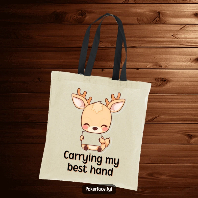 Funny Deer Tote Bag: Placid deer with a neutral expression holding a card, great for everyday use.