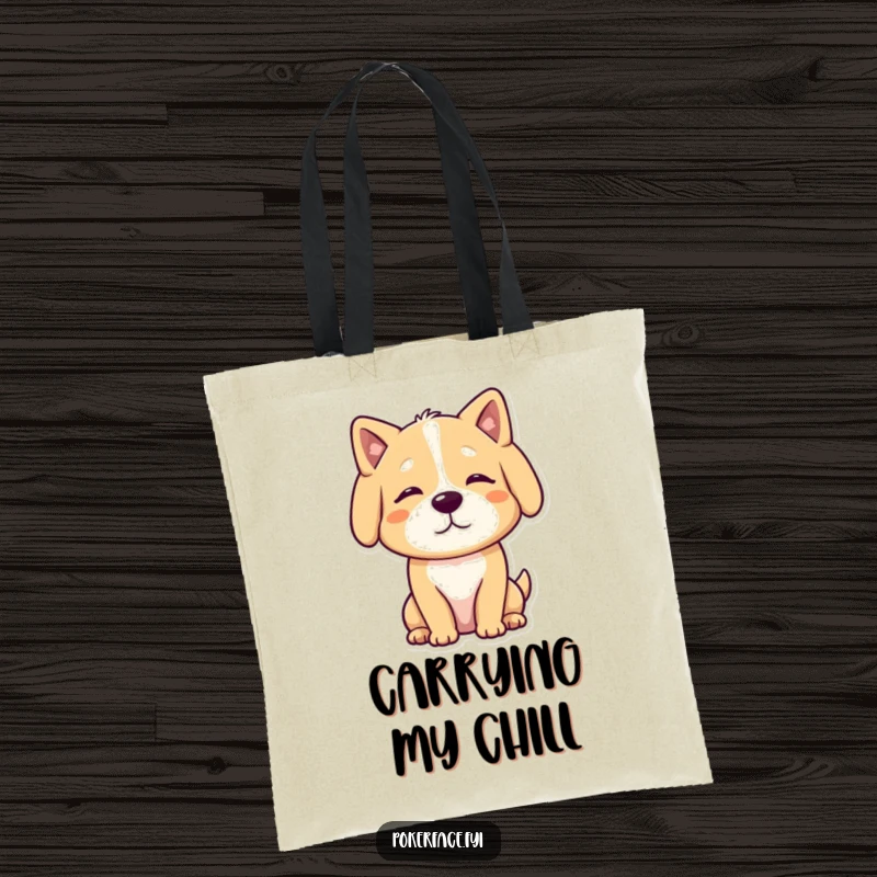 Funny Tote Bag showcasing a calm dog character with a neutral, unmoving posture, ideal for carrying peace humorously.