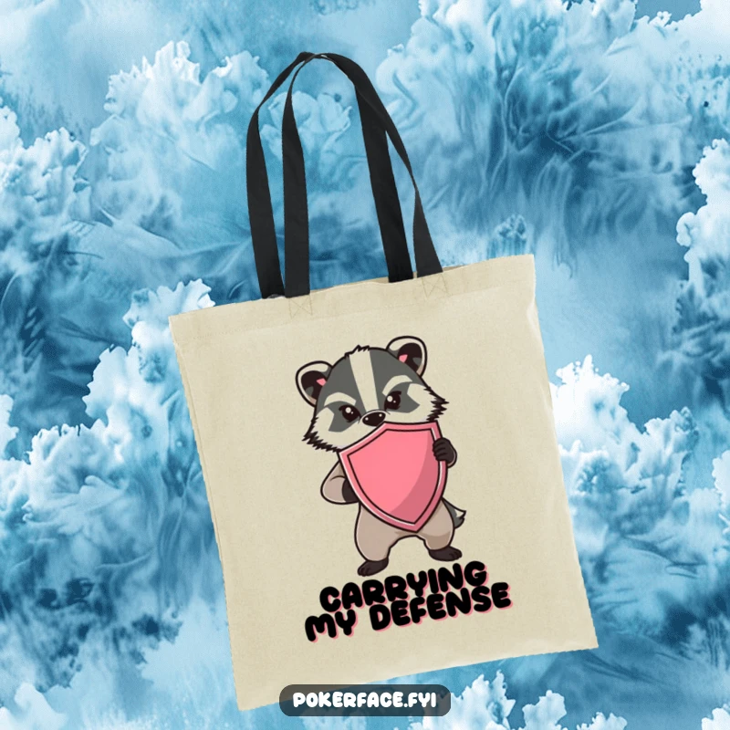 Funny Badger Shield Tote Bag with a determined badger holding a shield and no expression, great for humorous preparedness.