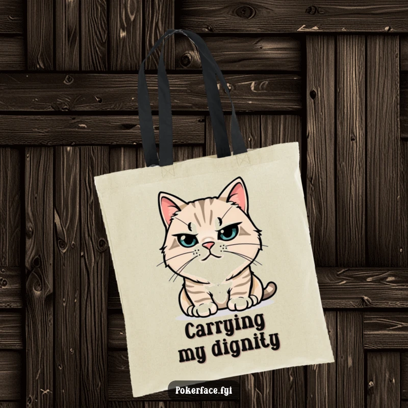 Funny Tote Bag: Stoic cat character with perfectly still whiskers, ideal for carrying essentials with a dose of dignified, humorous feline charm.