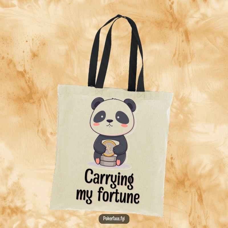 Funny Panda Coin Tote Bag with a panda having a stoic face balancing a single coin, great for humorous carrying.