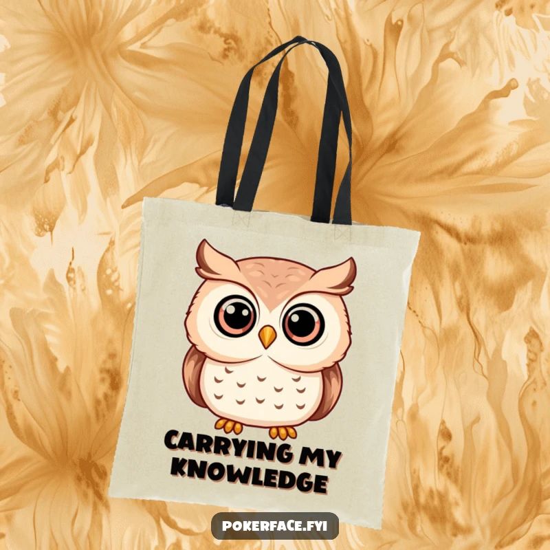 Funny serene owl tote bag showcasing an owl with wide, unwavering eyes, perfect for carrying essentials.
