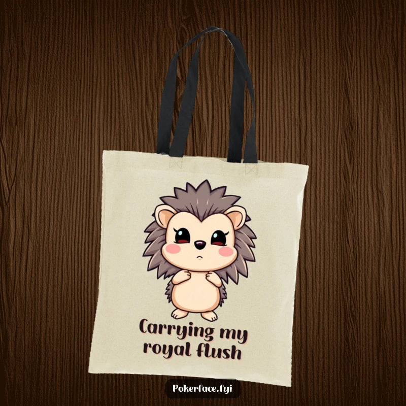 Funny hedgehog tote bag depicting an emotionless poker champion holding a straight flush, a symbol of pure control.