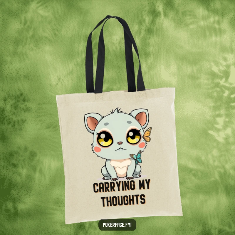 Funny Staring Creature Tote Bag: Creature with large eyes watching a butterfly, designed for carrying essentials and calm observation.