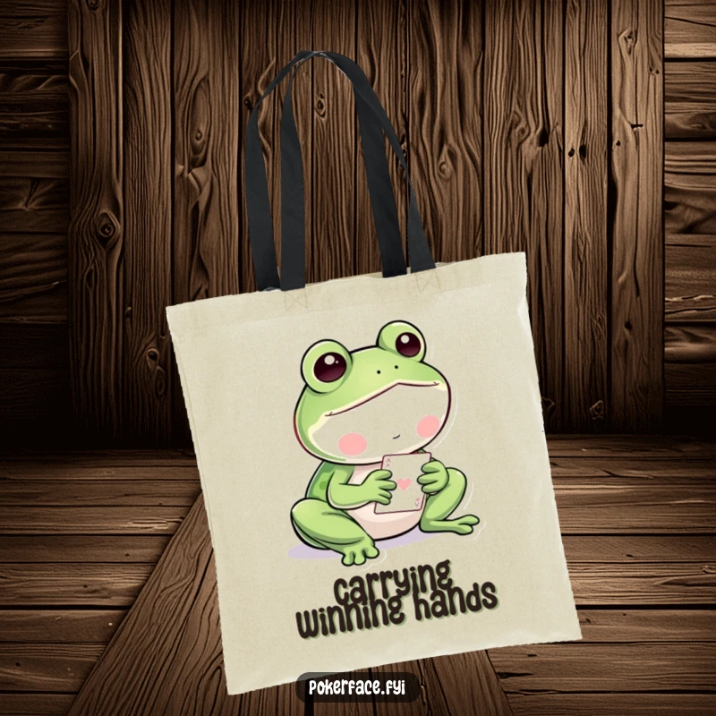 Funny Frog Tote Bag: Still frog character calmly playing cards, ideal for carrying game supplies.