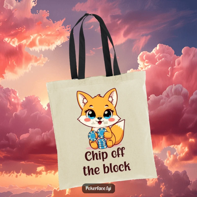 Funny fox character with unwavering eyes and poker chips on a durable tote bag, great for carrying essentials.