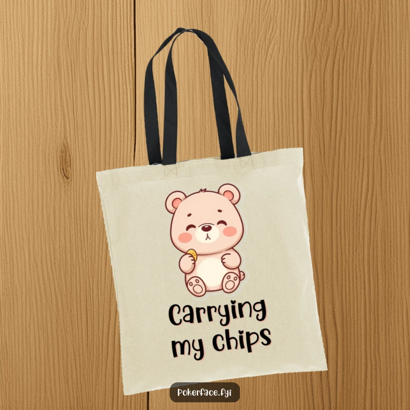 Funny tote bag displaying a delighted bear with a neutral face, holding a tiny chip, ideal for carrying daily items.