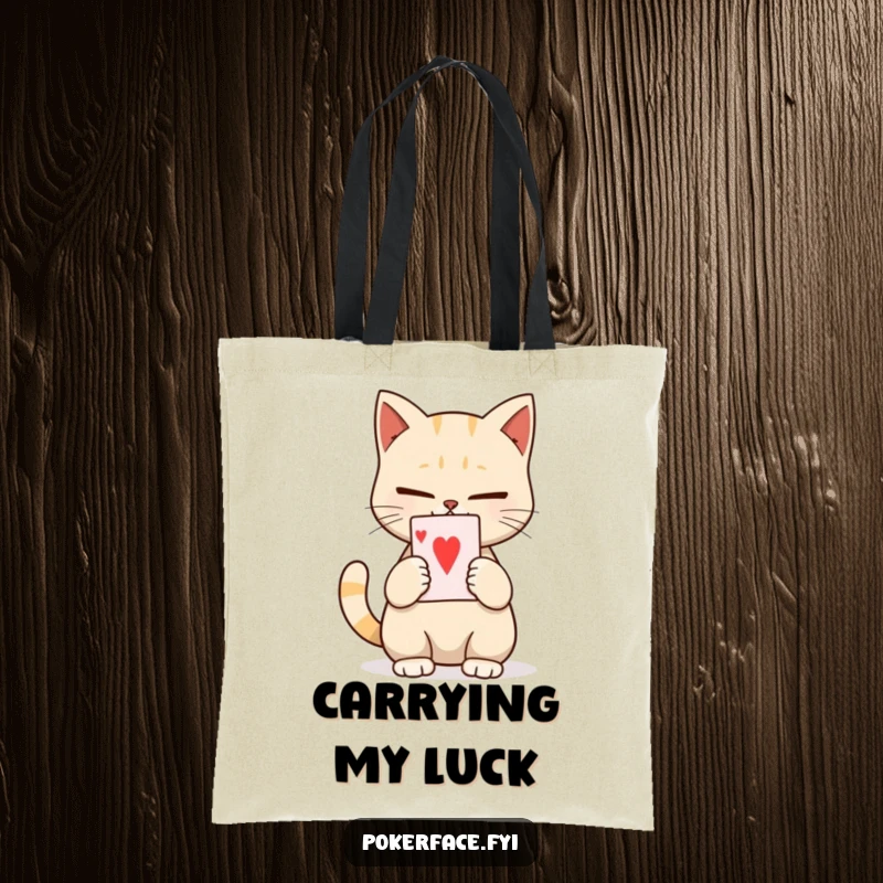Funny tote bag featuring a calm cat with no expression, holding a playing card, ideal for daily use with serene, nutty humor.