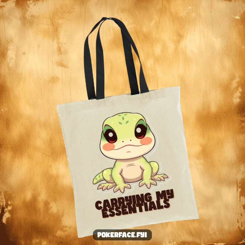 Funny lizard tote bag with a calm lizard character perfectly still and facing forward, ideal for humorous errands.