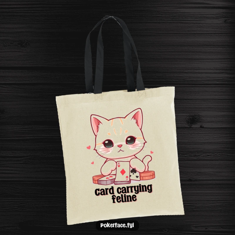 Funny cat character with a neutral expression playing cards on a durable tote bag, perfect for carrying essentials.