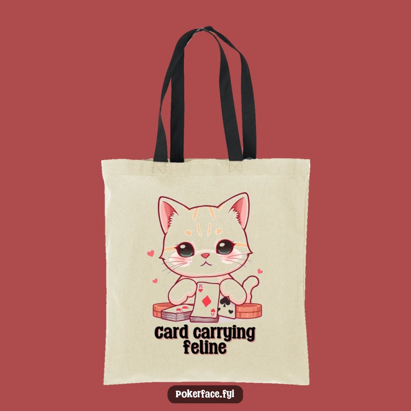 Funny Card Playing Cat Tote Bag: Neutral Feline Expression - Practical Funny Gift!