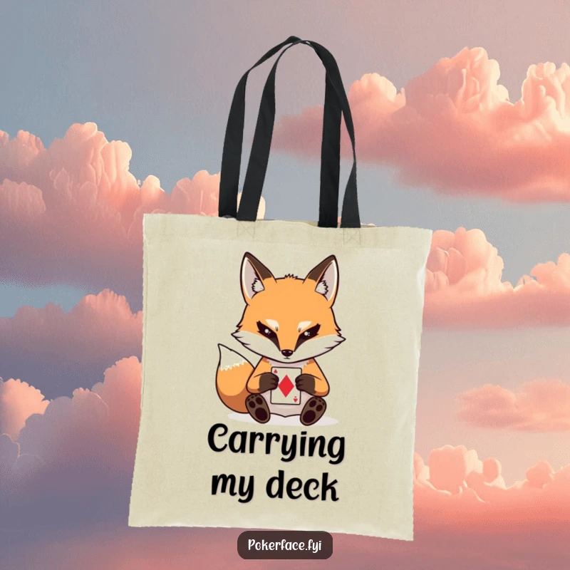 Funny tote bag featuring a stoic fox with a blank stare, playing a card, ideal for carrying daily items with poker-faced humor.