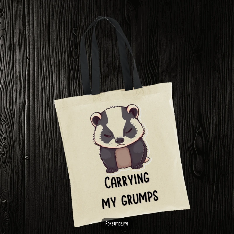 Funny grumpy badger with neutral expression, closed eyes on a tote bag.