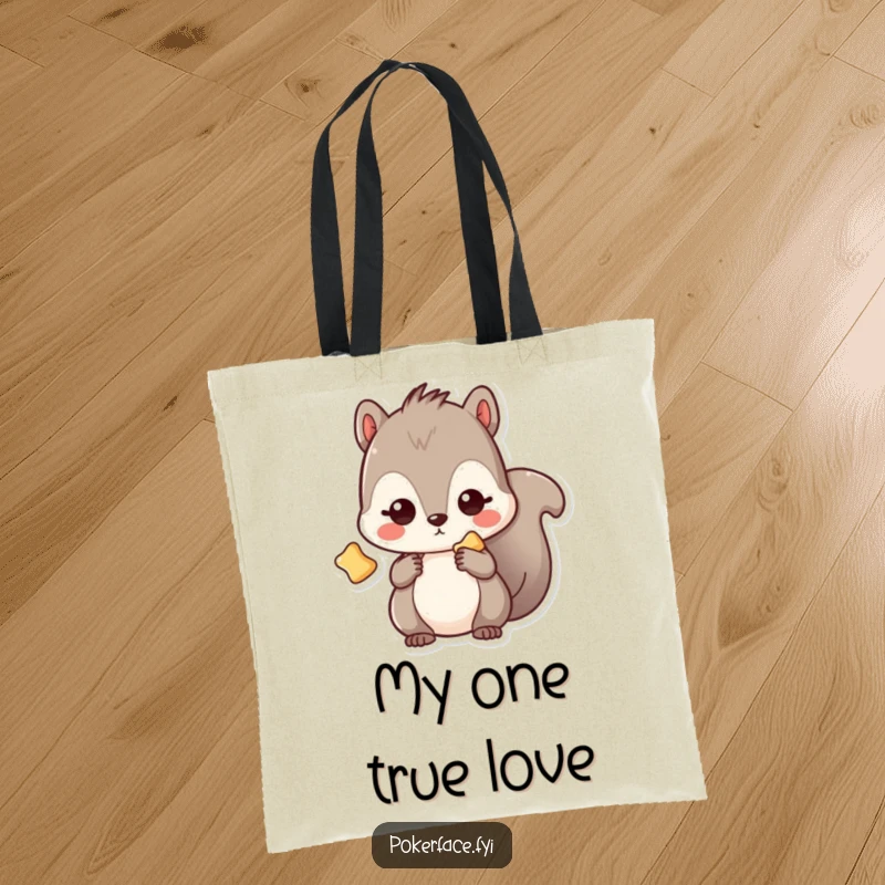 Funny Tote Bag: Kawaii squirrel with a vacant stare, proudly holding a single chip, a humorous accessory for snack lovers.