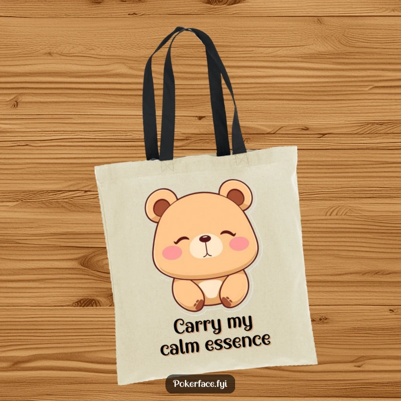 Funny Tote Bag: Featuring a placid bear character with a perfectly still expression, this bag hilariously conveys calm and zero stress.