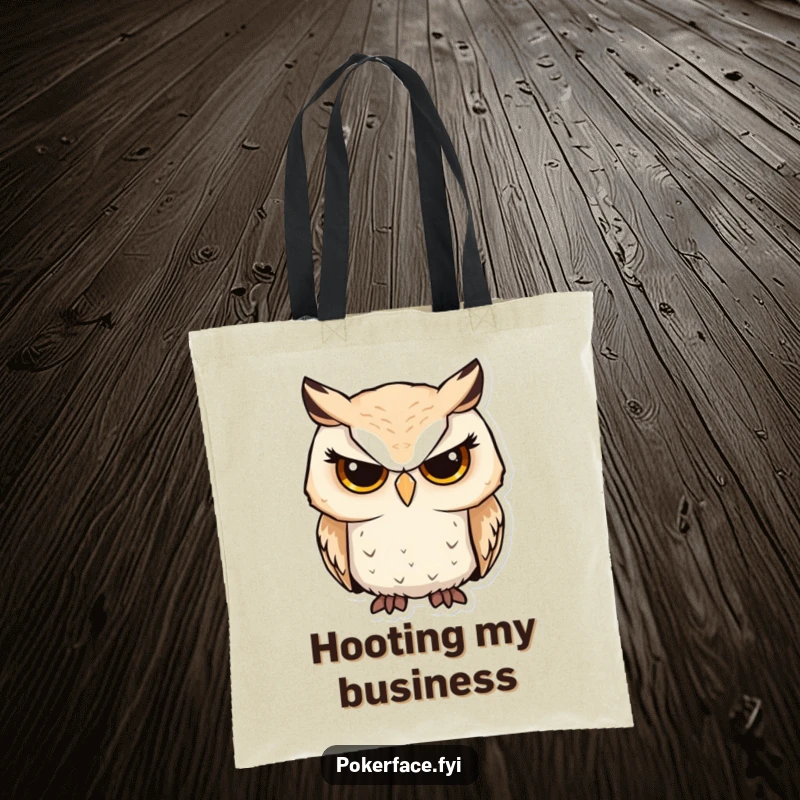 Funny owl tote bag with a serious owl character showing unwavering focus, ideal for carrying essentials with humor.
