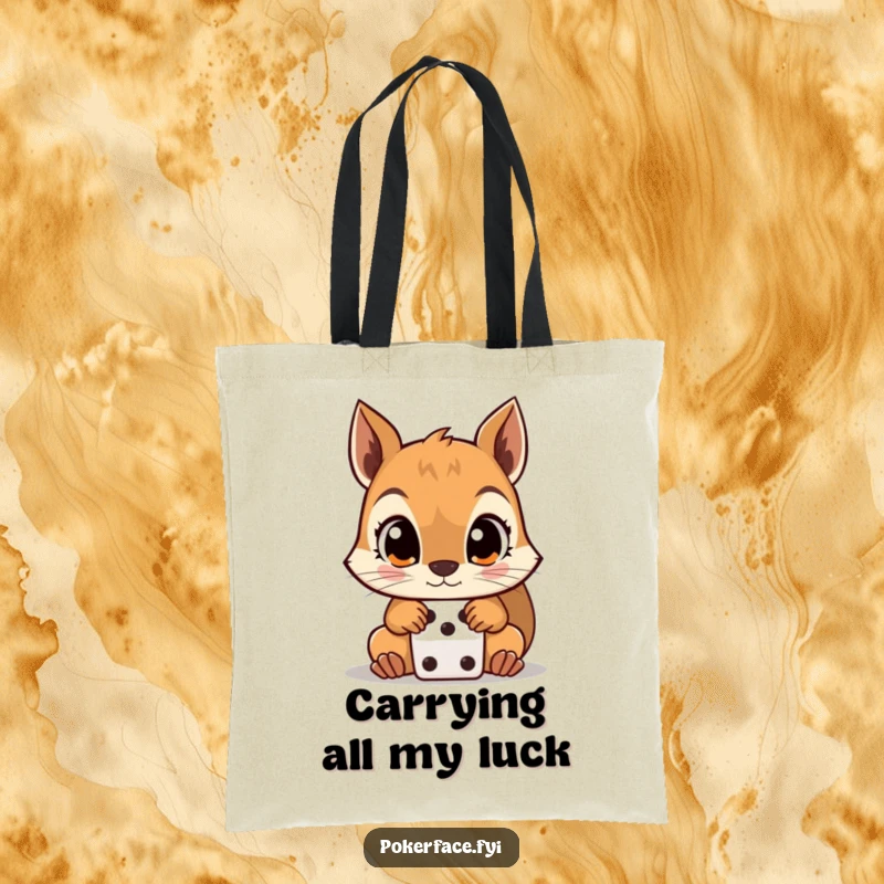 Funny Squirrel Tote Bag featuring a wide-eyed squirrel intensely observing a single dice, ideal for a humorous accessory.