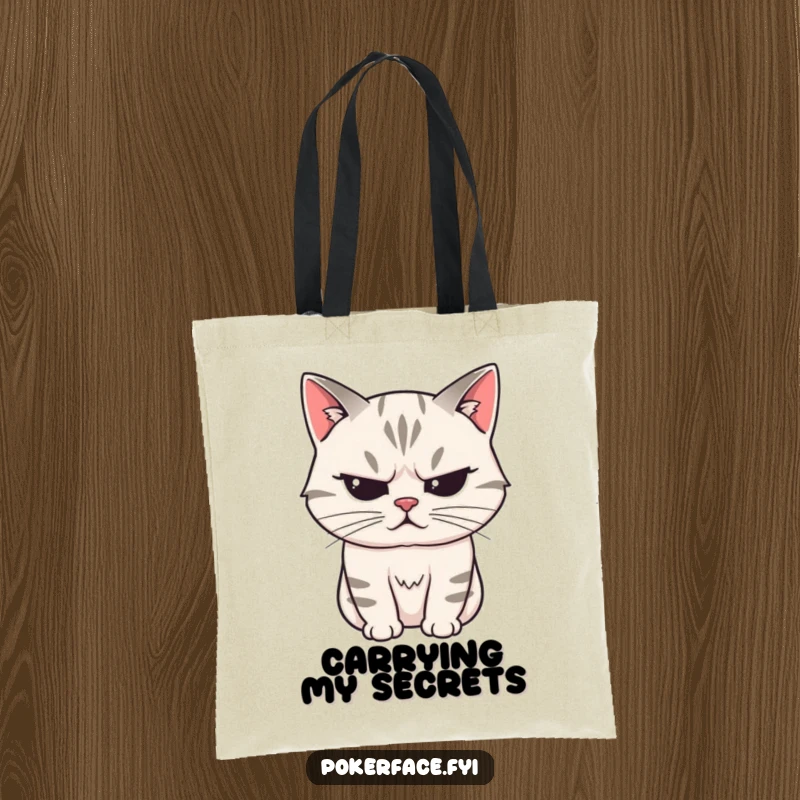 Funny Tote Bag showcasing a stoic cat character with a perfectly unreadable expression, ideal for carrying secrets humorously.