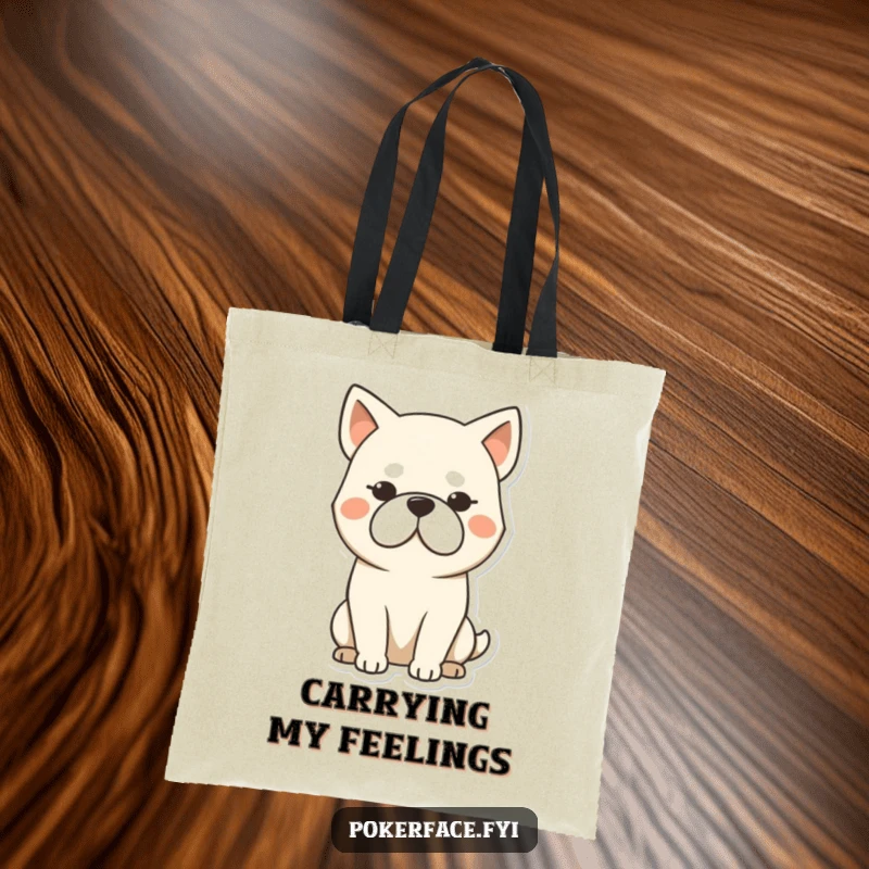 Funny dog tote bag with a stoic dog character displaying a blank, unmoving expression, ideal for humorous pet lovers.