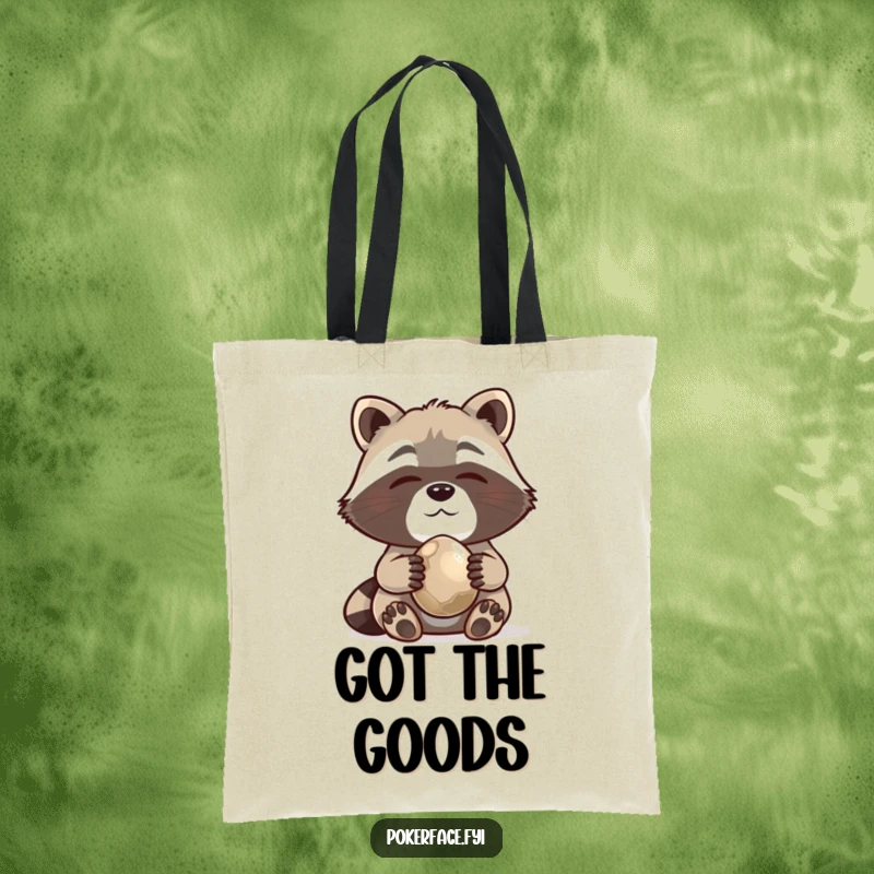 Funny Tote Bag featuring a contented raccoon holding a shiny pebble, ideal for collectors and everyday use.
