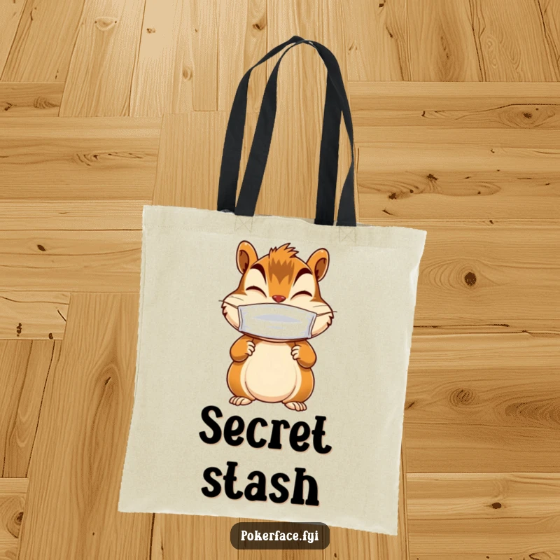 Funny tote bag showcasing a giggling chipmunk with still paws and a blank mask, perfect for carrying items with mystery.